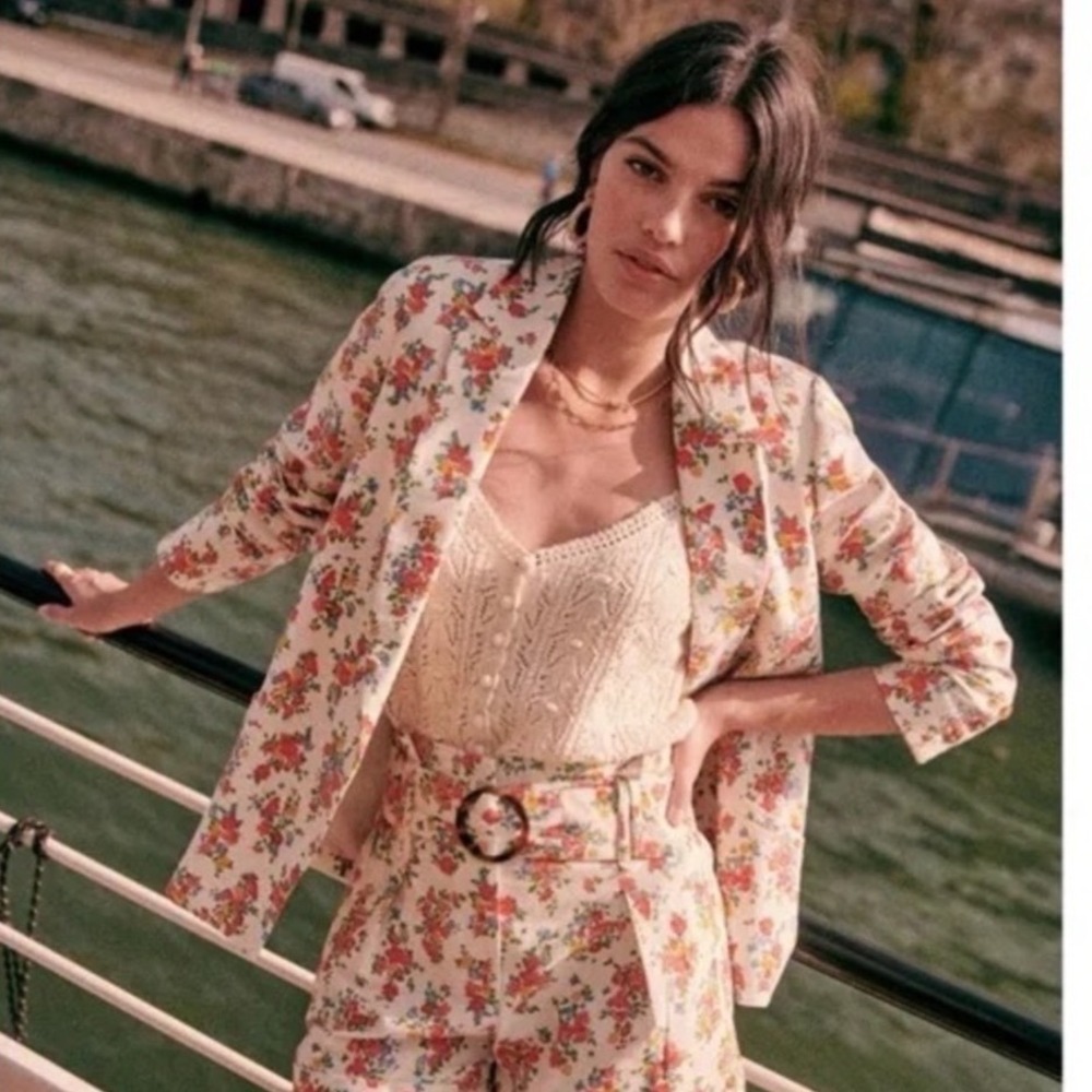 Sézane Floral Print Gracie Blazer Linen Cotton Blend Size 40 US 8